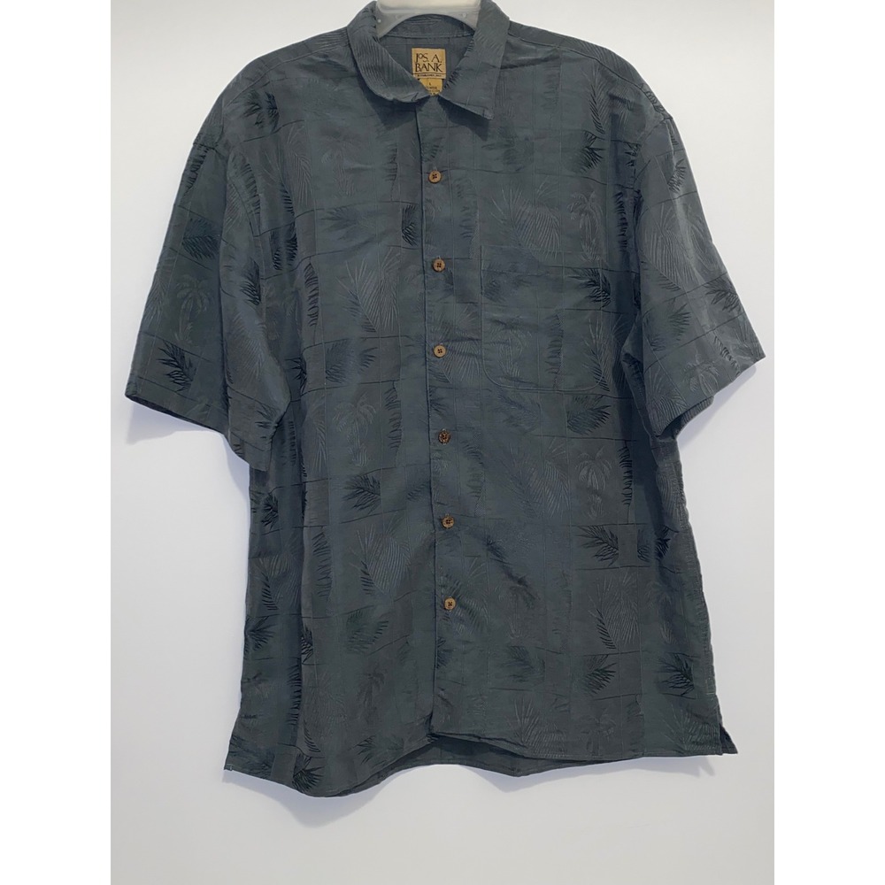 Jos. A. Bank Mens Large Blue Grey Jacquard Tropical Palm Short Sleeve Camp Shirt